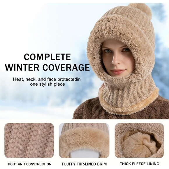 Women 3 in 1 Beanie Hat with Scarf and Mask Winter Warm Knit Ski Scarf Off-White - Picture 4 of 6